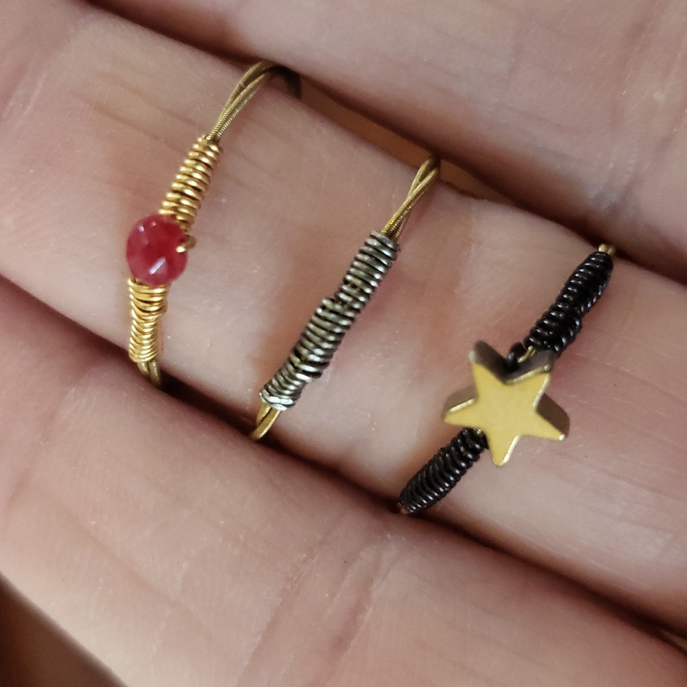 Artisan Wire‑Wrapped Ring Set | Gold Brass Black Red Stackable Trio | Adjustable